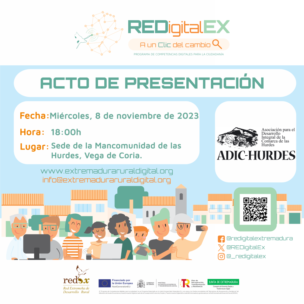 Imagen Adic - Hurdes presenta REDigitalEX, Programa de Competencias Digitales para la Ciudadanía, el próximo lunes día 8 de noviembre a las 18:00h en la Sede de la Mancomunidad de las Hurdes, en Vegas de Coria.